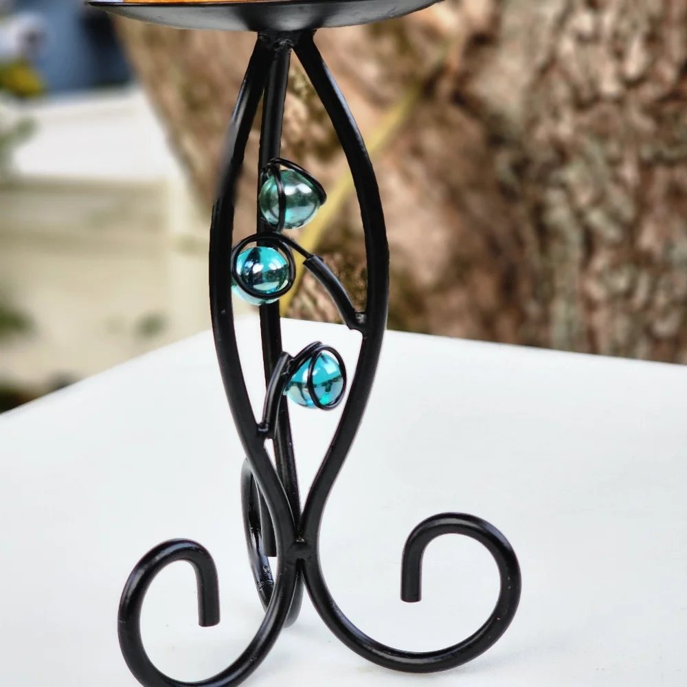 Pillar Wrought Iron Candle Holder‎ With Blue Crystals